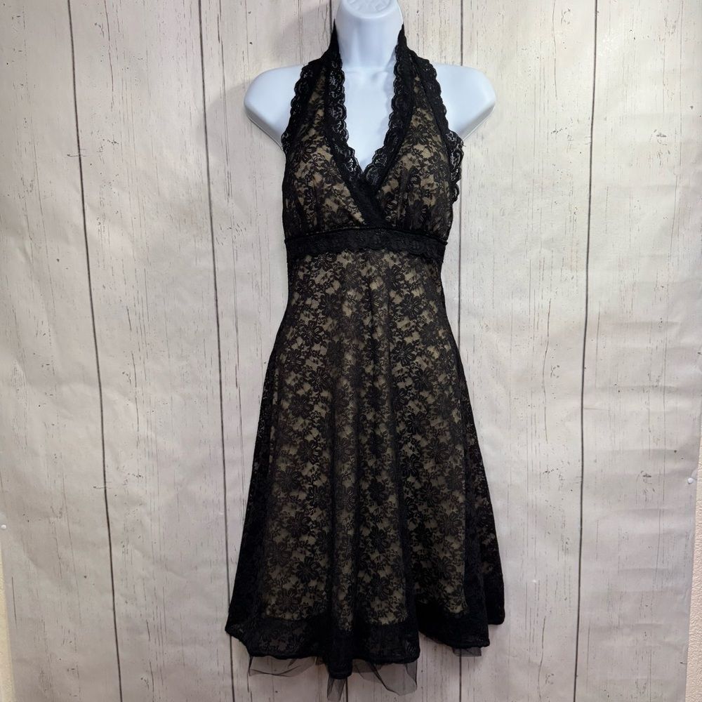 City Triangles Black Lace Halter Dress Sheer Y2K Gothic Coquette Noir Party Edgy